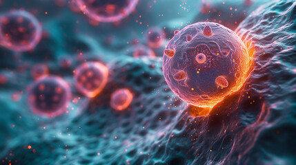 Wall Mural - Close-up view of cells and viruses under a microscope, set in a dynamic environment, illustrating detailed biological structures and processes.