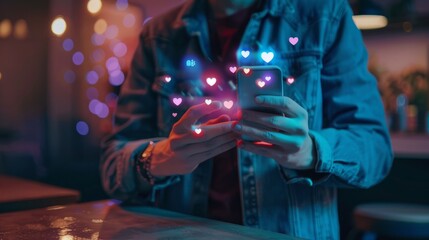 Social media and digital online communication concept, man using smartphone with likes icons on social media