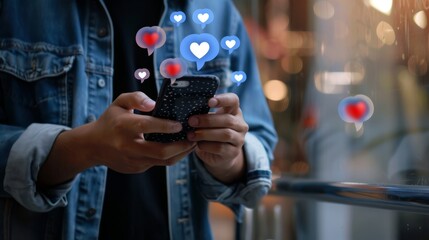 Social media and digital online communication concept, man using smartphone with likes icons on social media
