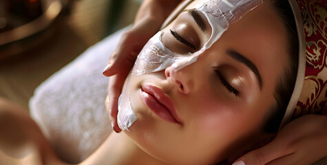 Sticker - Lifestyle portrait of beautiful woman getting facial mask massage treatment at luxury spa