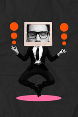 Sticker - Creative drawing collage picture of young man business manager computer head meditate freak bizarre unusual fantasy billboard