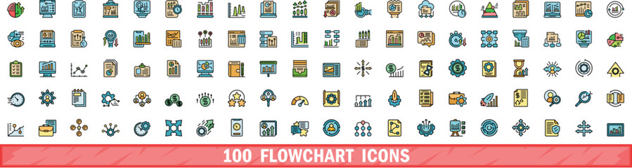 Wall Mural - 100 flowchart icons set. color line set of flowchart vector icons thin line color flat on white