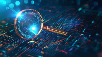 Magnifying glass on a background of state-of-the-art electronic technology. The image depicts a magnifying glass symbolizing detailed analysis and search, with advanced electronic elements, 