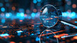 © Mahmud - Magnifying glass on a background of state-of-the-art electronic technology. The image depicts a magnifying glass symbolizing detailed analysis and search, with advanced electronic elements,