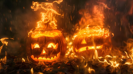 Poster - Halloween pumpkins are engulfed in powerful flames