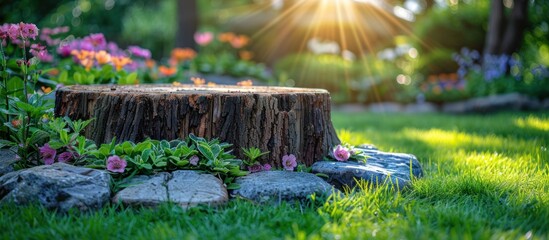 Sticker - Sunlit Tree Stump in a Lush Garden