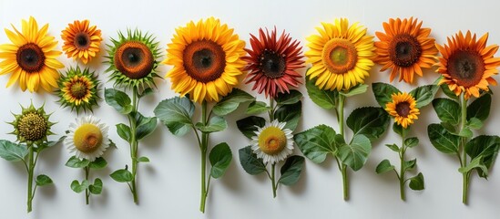 Sticker - A Row of Sunflowers in Various Stages of Bloom