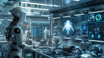 Poster - A white humanoid robot stands at a desk in a futuristic lab, surrounded by other robots and advanced technology. Large screens display digital information and schematics.