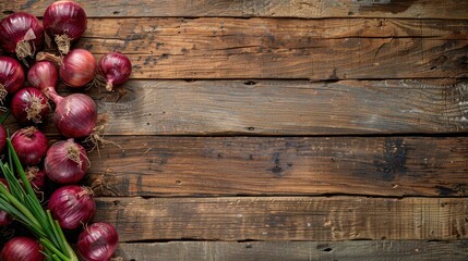 Onions on aged wooden table backdrop