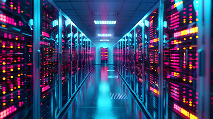 Wall Mural - Abstract data center background, database in terminal storage, hardware server room, cloud computing, networking and hosting in rack system