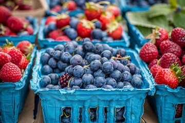 Poster - Closeup of blueberries and strawberries in blue baskets, vibrant display at a farmer's market