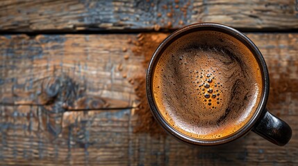 Wall Mural - Close-up of a cup of coffee on a wooden table.