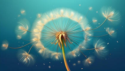 Wall Mural - firefly whimsical dandelion flower logo with floating seeds on isolate color background