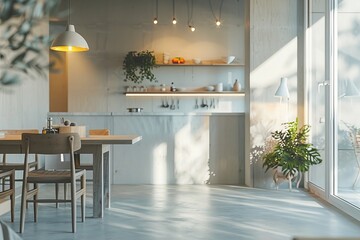 Canvas Print - Interior of modern kitchen with white walls, concrete floor, white cupboards and wooden bar with stools.