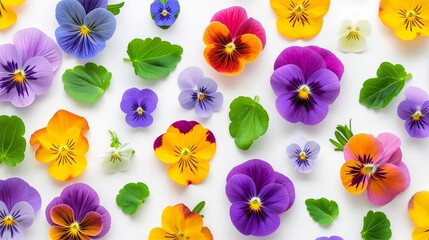 Wall Mural - A colorful arrangement of flowers with purple, yellow, and white petals. The flowers are scattered across the image, creating a vibrant and lively atmosphere