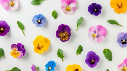 Wall Mural - A close up of many different colored flowers, including purple, yellow, and pink. The flowers are scattered across the image, creating a vibrant and colorful scene