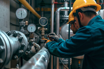 inspection engineer teamwork checking pressure gauges or they check pipes in plant close up