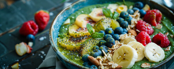 A smoothie bowl topped with fresh fruits, nuts, and a generous sprinkle of spirulina powder. The bright green spirulina contrasts beautifully with the colorful toppings, creating a visually appealing