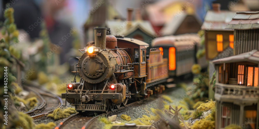 A vintage steam train model runs on a detailed miniature track ...