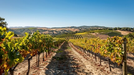 Canvas Print - Picturesque Vineyard at Harvest Time with Rows of Lush Grapevines in Rolling Hills