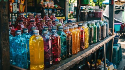 A Thai herbal drink stall at a local market, with colorful bottles and jars displayed.