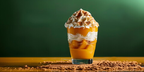 A layered mango parfait topped with whipped cream and crumbled cookies on a green background