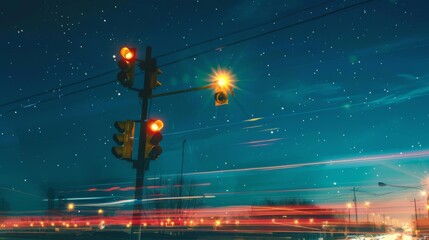 Poster - A traffic light pole at night, with streaks of light from passing cars and a starry sky above.