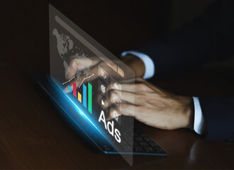 Poster - Online marketing and website advertising concept. A businessman using computer with digital marketing strategy analysis to promotion of products or services through digital channels.	