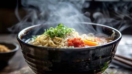 Wall Mural - Steaming Bowl of Ramen with Various Toppings in a Cozy Setting