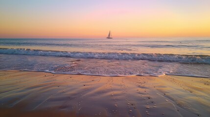 Wall Mural - Tranquil Beach Scene at Sunset with Golden Sand and Gentle Waves