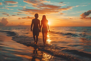 Wall Mural - Couple enjoying sunset on a beach, romantic getaway, golden hour