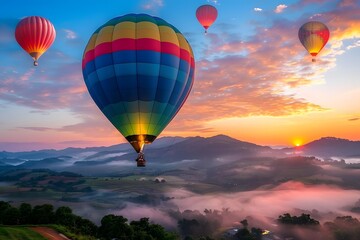 Wall Mural - Colorful hot air balloons rising at dawn over a valley, adventure travel