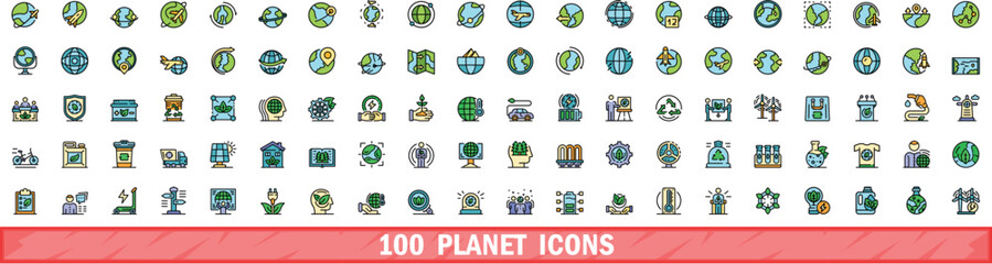 Canvas Print - 100 planet icons set. Color line set of planet vector icons thin line color flat on white