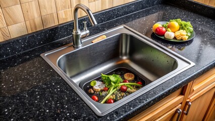 Dirty black granite kitchen sink with leftover food bits before cleaning, transformed to sparkling clean sink after washing, copy space.