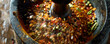 © AI_images_for_people - A detailed shot of a mortar and pestle grinding fresh spices. The mixture of colorful spices, such as green cardamom and red chili, creates a dynamic and flavorful image, emphasizing the traditional