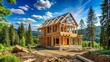 © Wanlop - Rustic wooden frame of a two-story house under construction surrounded by lush green trees and set against a clear blue sky.