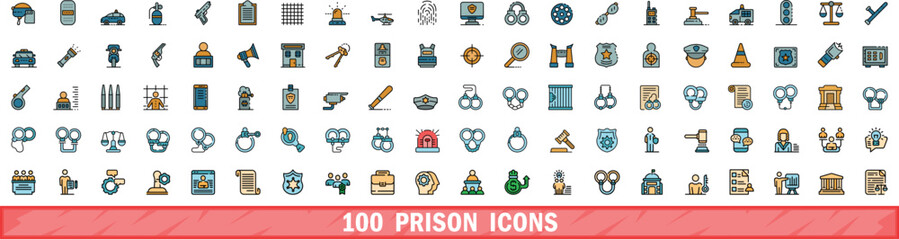 Poster - 100 prison icons set. Color line set of prison vector icons thin line color flat on white