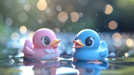 Sticker - Two rubber ducks, one pink and one blue, floating on water with a bokeh background of lights and greenery