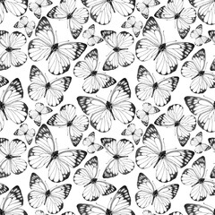 Naklejka na meble Seamless pattern of realistic butterfly. Hand drawn illustration. Painted  butterflies elements on white background. Black and white. Animal motif. For fabric, textile, design, banner, wrapping paper