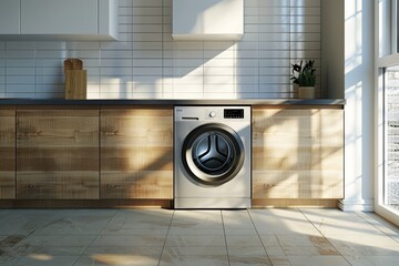 Wall Mural - Laundry room interior with modern washing machine.