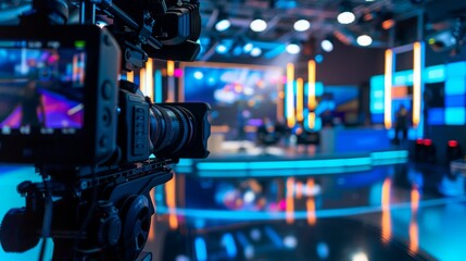 A professional video camera is pointed at a television studio set with brightly lit blue and orange lights.