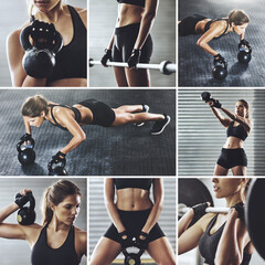 Poster - Collage, woman and training for fitness in gym for body building, health and muscles. Female person, composite and serious with exercise, workout and weightlifting for wellness with equipment