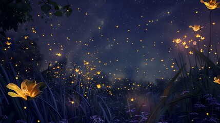 Wall Mural - Magical Night with Fireflies and Flowers.