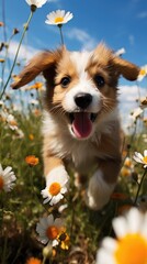 Wall Mural - A cute puppy playing in a field of flowers, with a wagging tail and happy expression 