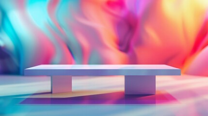Poster - A white platform sits in front of a holographic background, featuring swirling hues of pink, blue, and orange.