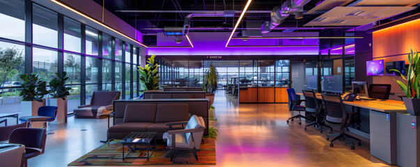 A vibrant office space with LED lighting, highlighting innovative furniture, spacious work areas, and modern decor, creating a dynamic and motivating environment.