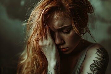 Poster - Pensive redhead woman with visible tattoos is lost in thought, showcasing raw emotion in a dimly lit setting