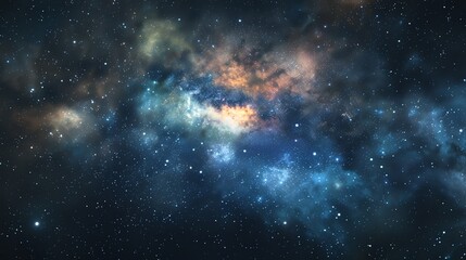 Wall Mural - a starry night sky with a large nebula in the center, featuring hues of blue, orange, and yellow.