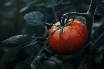 Poster - Closeup image of a ripe, red tomato with dew drops, surrounded by leaves