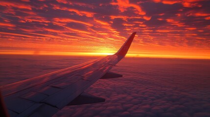 Airplane wing with a beautiful sunset view from the passenger window, showcasing the beauty of air travel